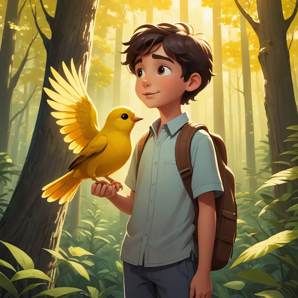 a boy holding a yellow bird in a forest with trees and sunlight shining through the trees behind him and a backpack on his shoulder, magic realism, a storybook illustration, Alejandro Burdisio, rossdraws global illumination