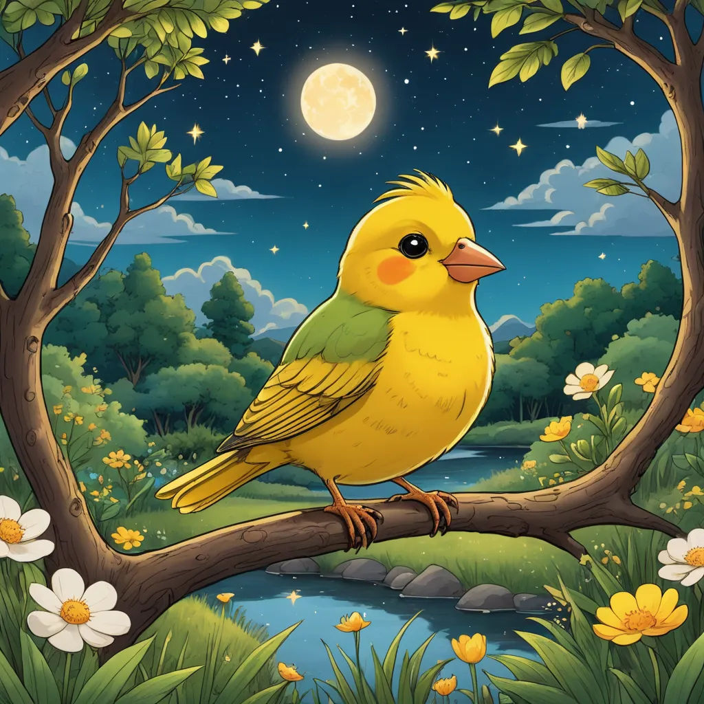 a yellow bird sitting on a branch in a forest at night with a full moon in the background and flowers in the foreground, fantasy art, a storybook illustration, Chris LaBrooy, game art