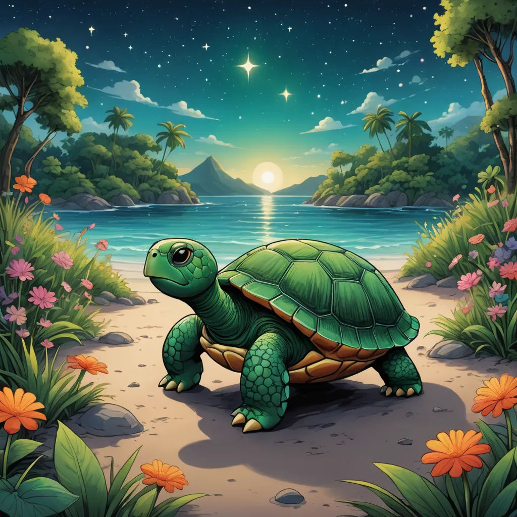 a turtle is sitting on the ground by the water at night with a star above it and a mountain in the background, fantasy art, a storybook illustration, Chris LaBrooy, official art