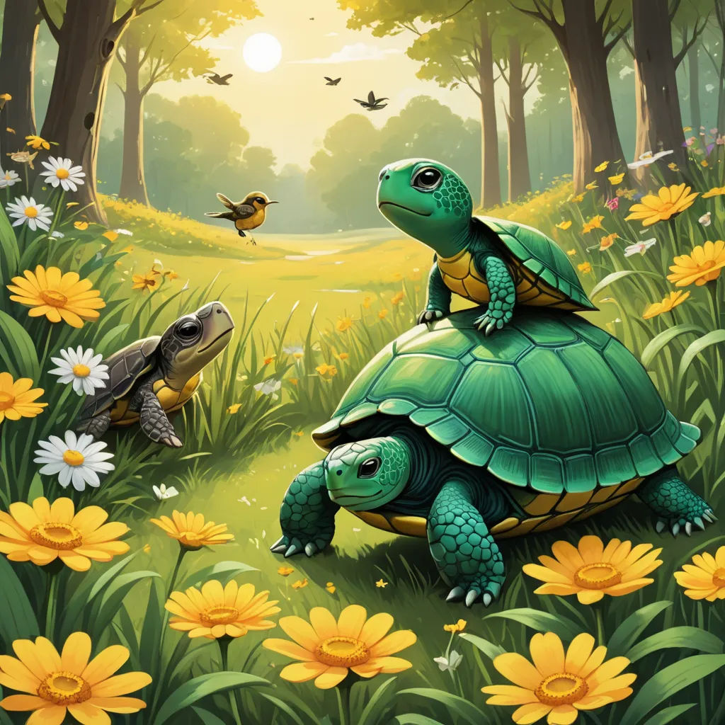 a painting of two turtles in a field of flowers and a bird flying over them, with a sun setting in the background, fantasy art, a storybook illustration, Chris LaBrooy, storybook illustration