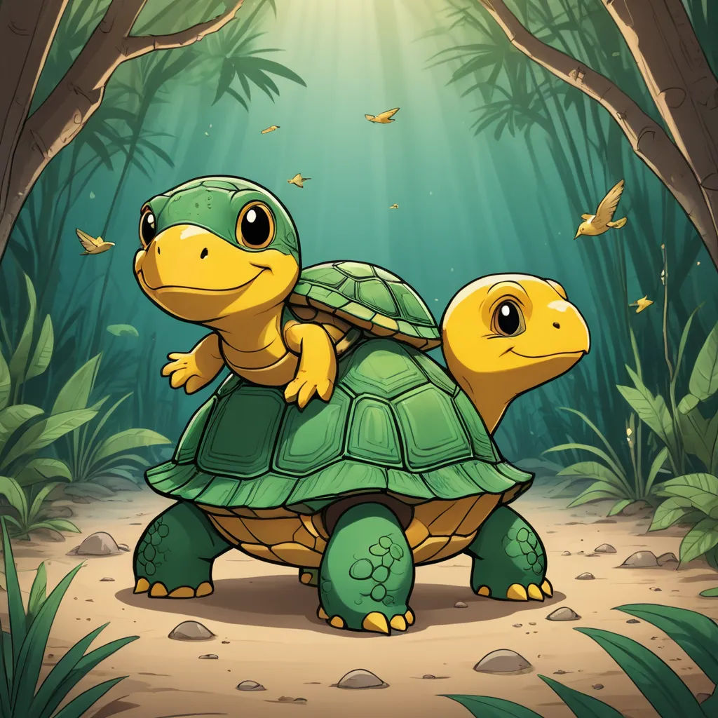 a cartoon turtle and a turtleling in a forest with butterflies flying around them and a sunbeam in the background, sots art, a storybook illustration, Chris LaBrooy, official art