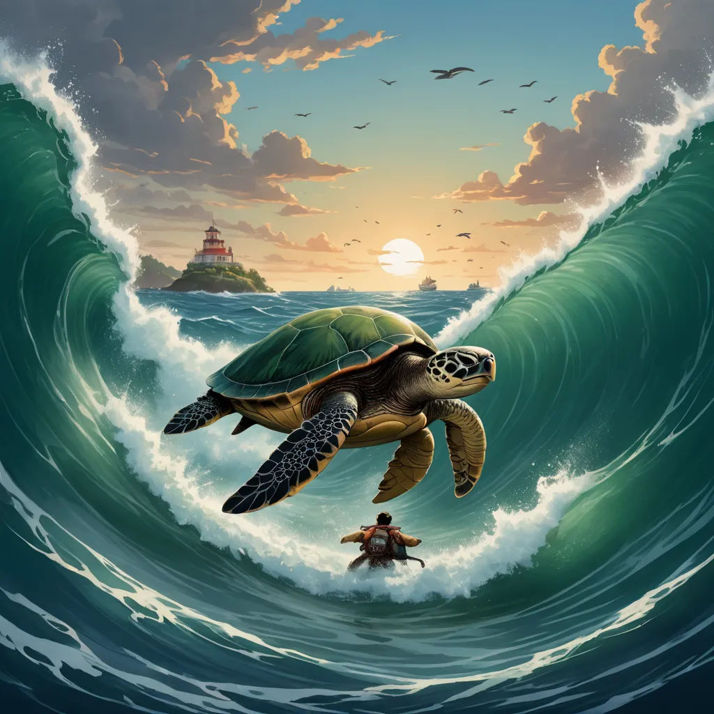 a painting of a turtle and a man in the ocean with a lighthouse in the background and a lighthouse in the distance, fantastic realism, a storybook illustration, Cyril Rolando, storybook illustration