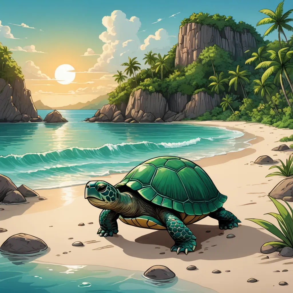 a turtle on a beach near the ocean at sunset or sunrise with a view of the mountains and the ocean, fantasy art, a storybook illustration, Chris LaBrooy, storybook illustration