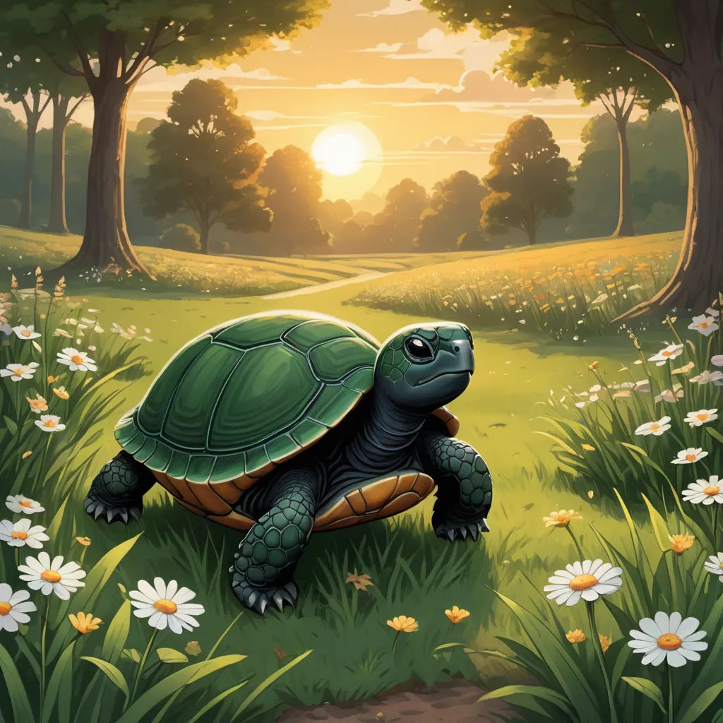 a painting of a turtle in a field of flowers and trees at sunset with the sun shining behind it, sots art, a storybook illustration, Chris LaBrooy, official art