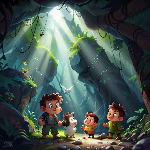 a group of children standing in a forest with a dog and cat on a path to a cave with a light coming from the ceiling