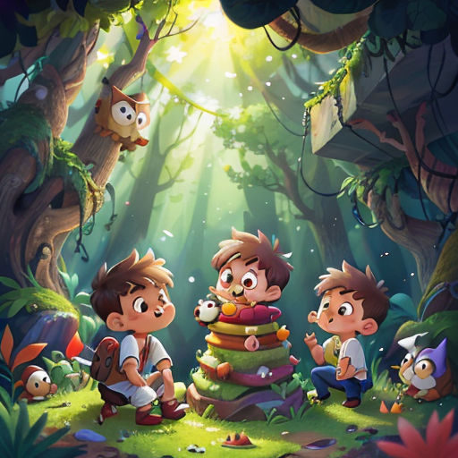 a group of children in the woods with a forest background and a forest scene with a forest scene with a forest scene and a forest with a boy and a