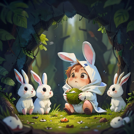 a little girl sitting in the middle of a forest with rabbits around her and a basket of food in her hand