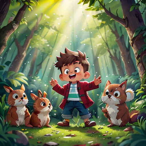 a boy standing in the middle of a forest surrounded by animals and a forest background with sunlight coming through the trees