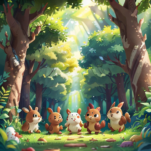 a group of animals standing in the middle of a forest with trees and rocks on the ground and a light shining through the trees