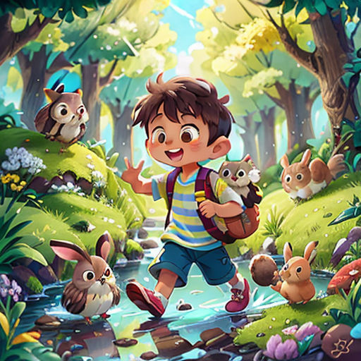 a boy is walking through a forest with animals and a dog in his hand and a cat in his hand