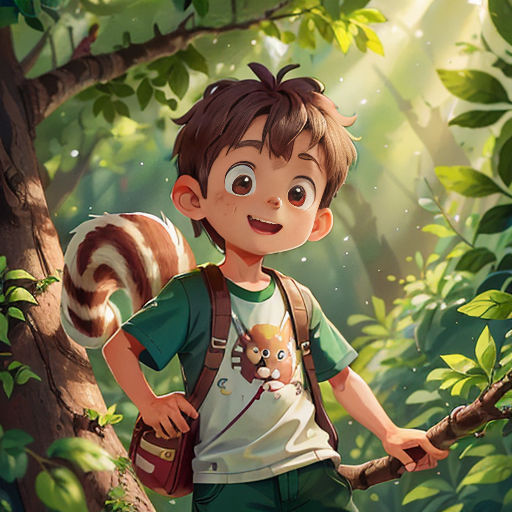 a boy standing in the woods with a squirrel on his back and a squirrel on his shoulder, with a squirrel on his shoulder