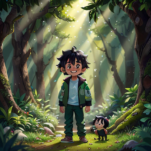 a boy and a dog are standing in the woods together, with a light shining through the trees behind them