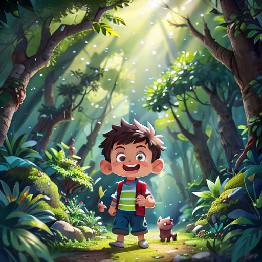a boy with a backpack standing in the middle of a forest with a dog on a leash in front of him