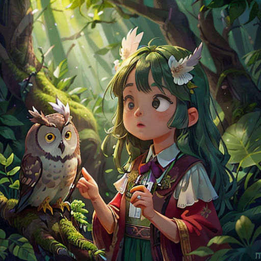 a girl holding an owl in a forest with a bird on her hand and a bird on her shoulder