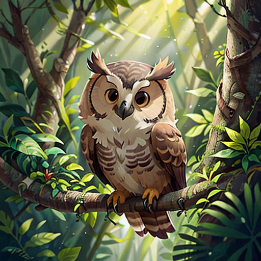 an owl sitting on a tree branch in a forest with leaves and plants around it, with a bright light shining on the background