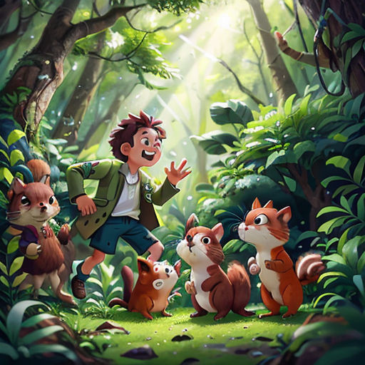 a man standing in the middle of a forest surrounded by animals and a forest background with trees and leaves