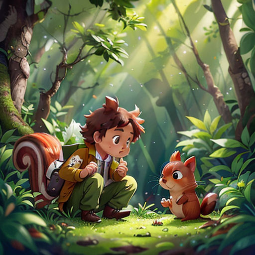 a boy kneeling down next to a squirrel in a forest with trees and grass on the ground and a squirrel on the ground