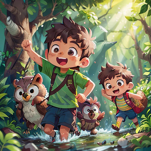 a boy and a girl are walking through a forest with animals and a bird on their backs, and a boy is holding a backpack
