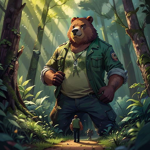 a man in a forest with a bear on his back and a man in a backpack on his shoulder