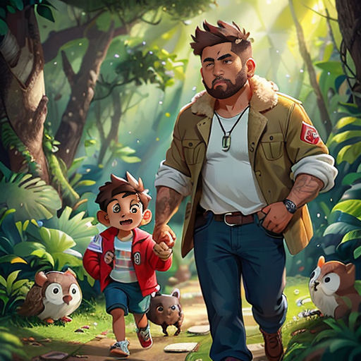 a man and a child walking through a forest with a forest background and a forest scene in the background