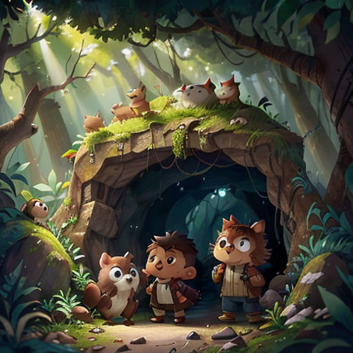 a group of animals standing in front of a cave in the woods with a man standing next to it