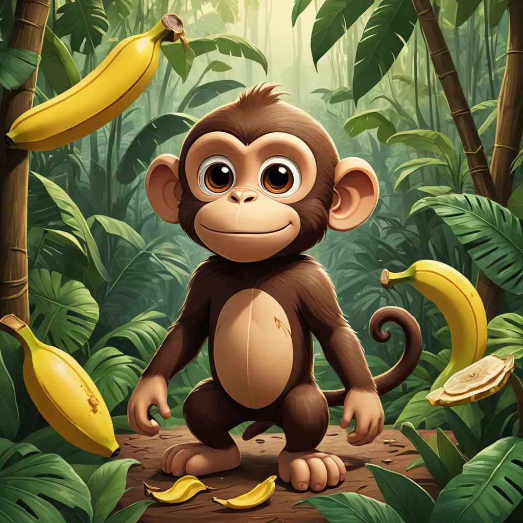 a monkey sitting on a log in a jungle with bananas and a banana peels hanging from it's side, primitivism, a character portrait, Alex Petruk APe, jungle