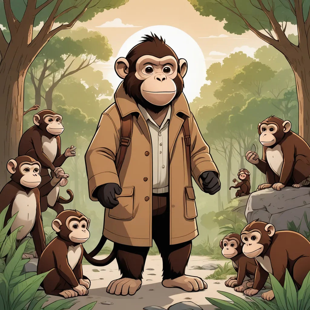a man standing in front of a group of monkeys in a forest with trees and rocks in the background, furry art, a character portrait, Diego Gisbert Llorens, official art
