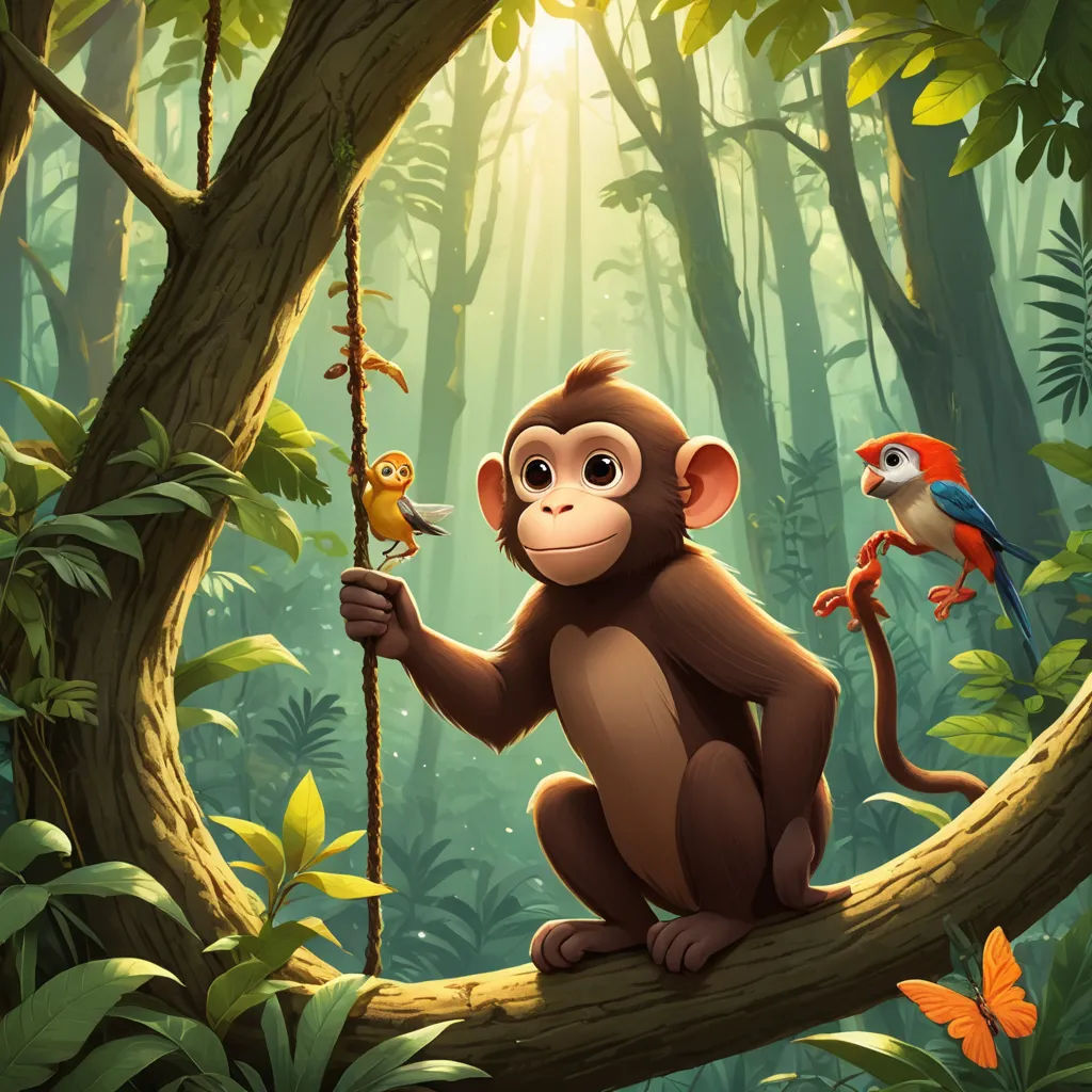 a monkey sitting on a tree branch with a bird on it's back and another bird on its arm, primitivism, a storybook illustration, Chris LaBrooy, promotional image