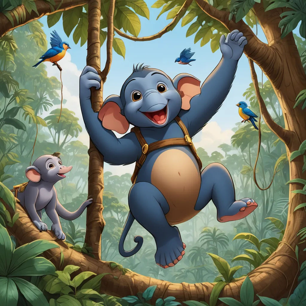 a cartoon elephant hanging from a tree with a bird on its back and another monkey on the other side, sots art, a storybook illustration, Chris LaBrooy, jungle