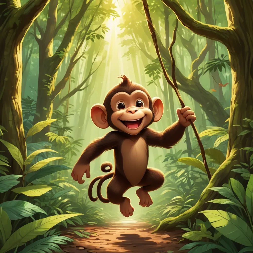 a monkey hanging on a tree branch in a jungle with sunlight coming through the trees and a path leading to the monkey, sots art, a digital painting, Chris LaBrooy, jungle
