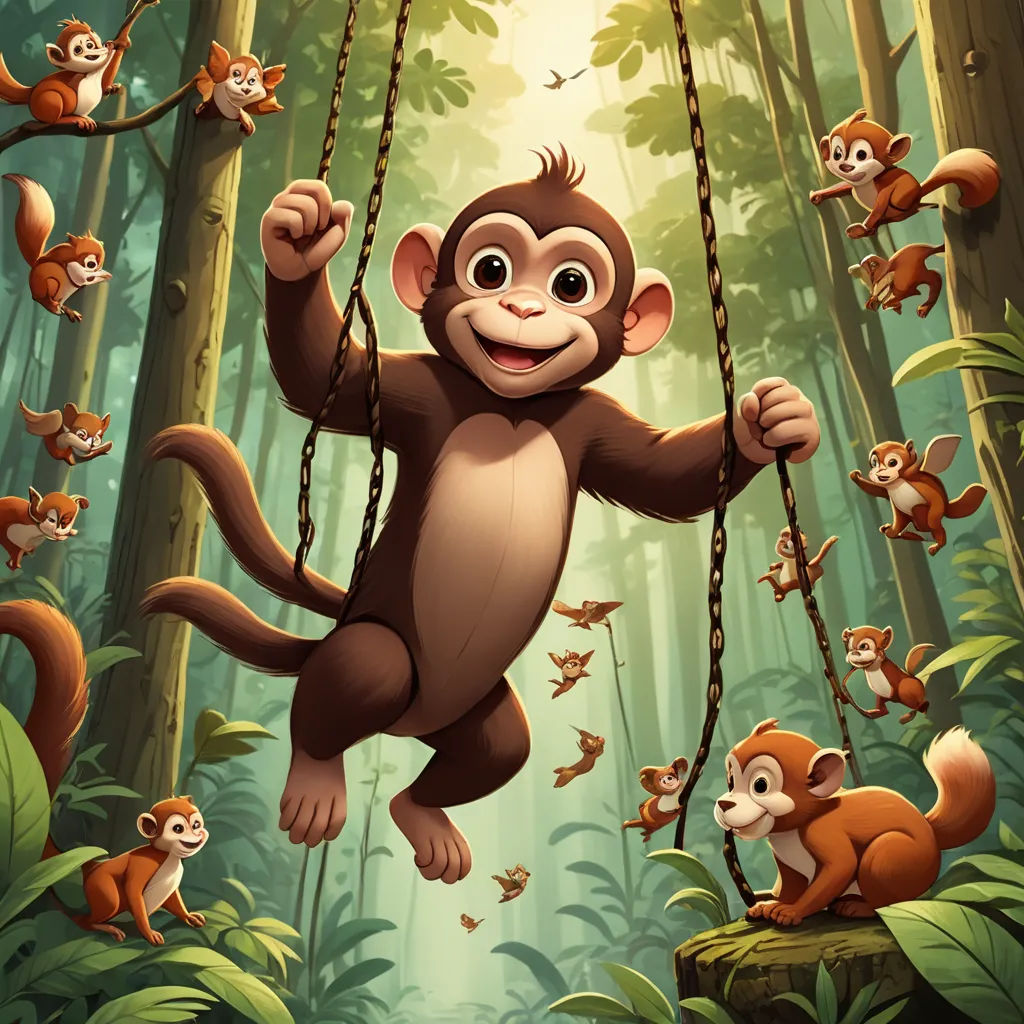 a monkey swinging on a swing in the jungle with many other monkeys around him and a light shining on the ground, furry art, poster art, Chris LaBrooy, official art