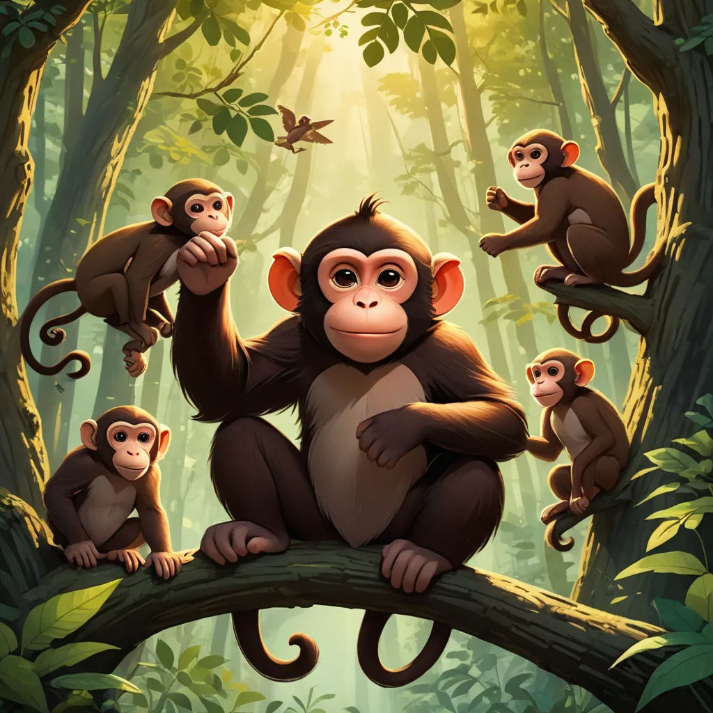 a group of monkeys sitting on a tree branch in a jungle with sunlight shining through the trees and a bird flying above, primitivism, a storybook illustration, Diego Gisbert Llorens, official art