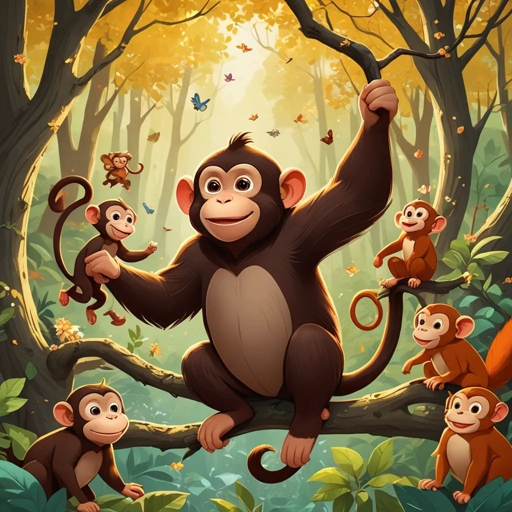 a group of monkeys hanging on a tree branch in a forest with leaves and butterflies around them, with a sun shining through the trees, primitivism, a storybook illustration, Alex Petruk APe, 2 d game art
