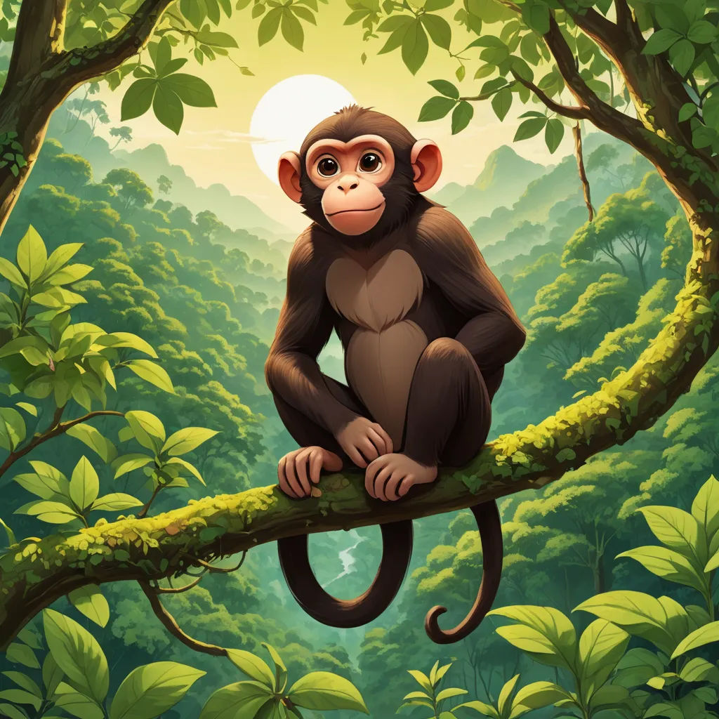a monkey sitting on a branch in a jungle with a full moon in the background illustration by alex krawc, primitivism, a storybook illustration, Alex Petruk APe, highly detailed digital painting