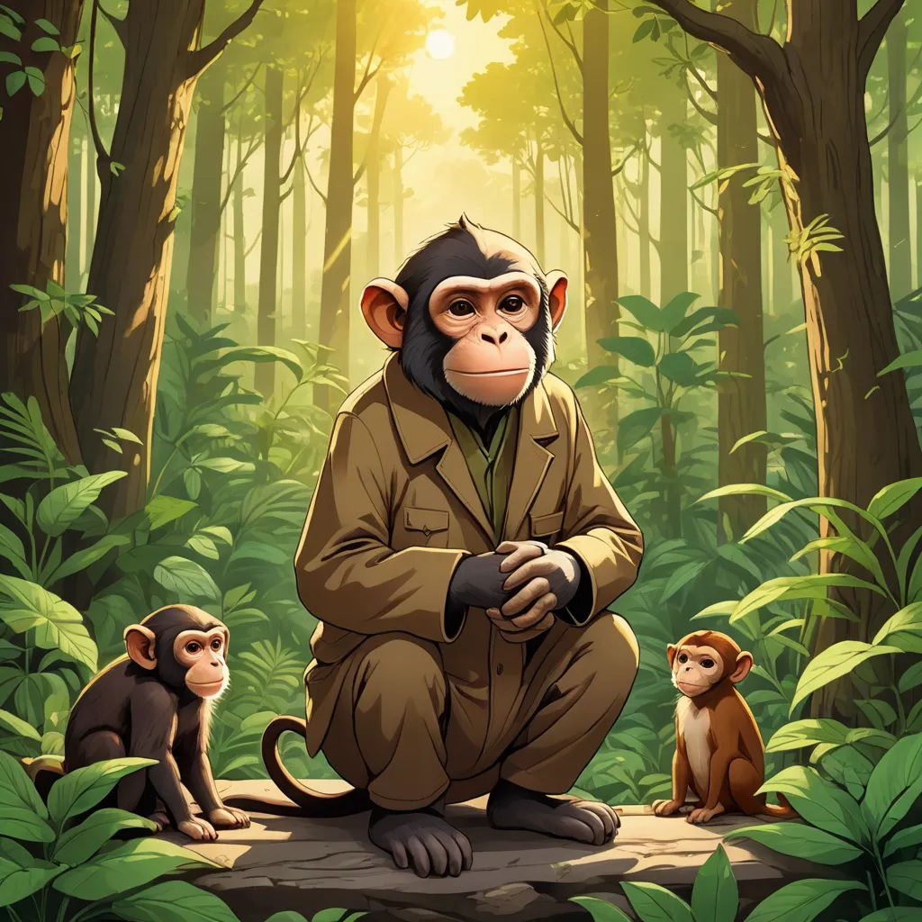 a man kneeling down next to a monkey in a forest with another monkey sitting on a log in front of him, naturalism, a character portrait, Diego Gisbert Llorens, official art