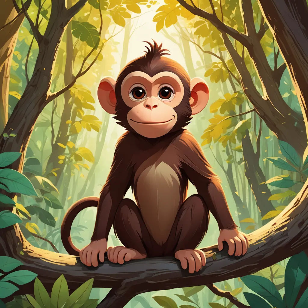 a monkey sitting on a tree branch in a forest with leaves and a light shining through the trees behind it, primitivism, a storybook illustration, Diego Gisbert Llorens, jungle