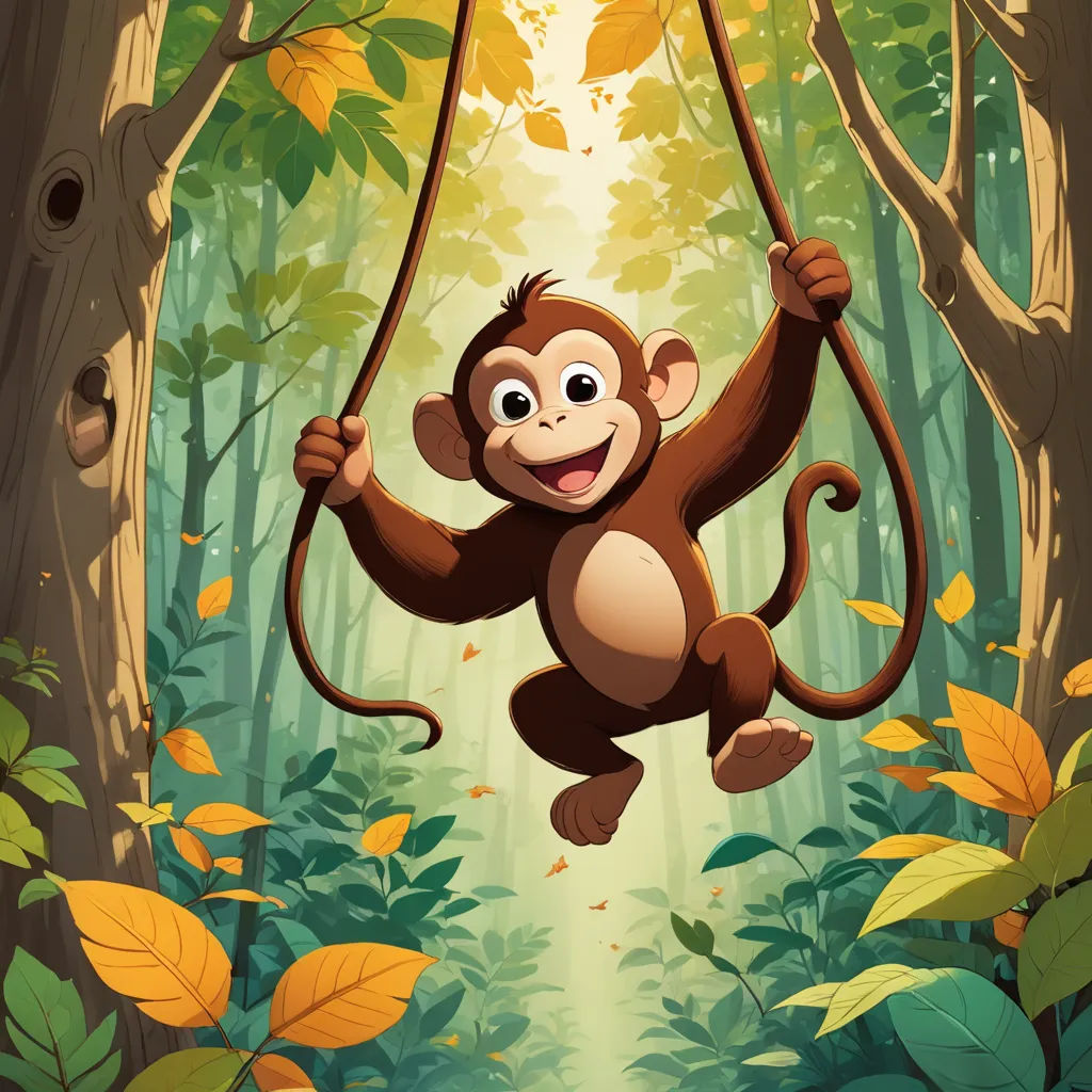 a monkey hanging from a tree in a forest with leaves on the ground and a sun shining through the trees, sots art, a storybook illustration, Diego Gisbert Llorens, highly detailed digital painting