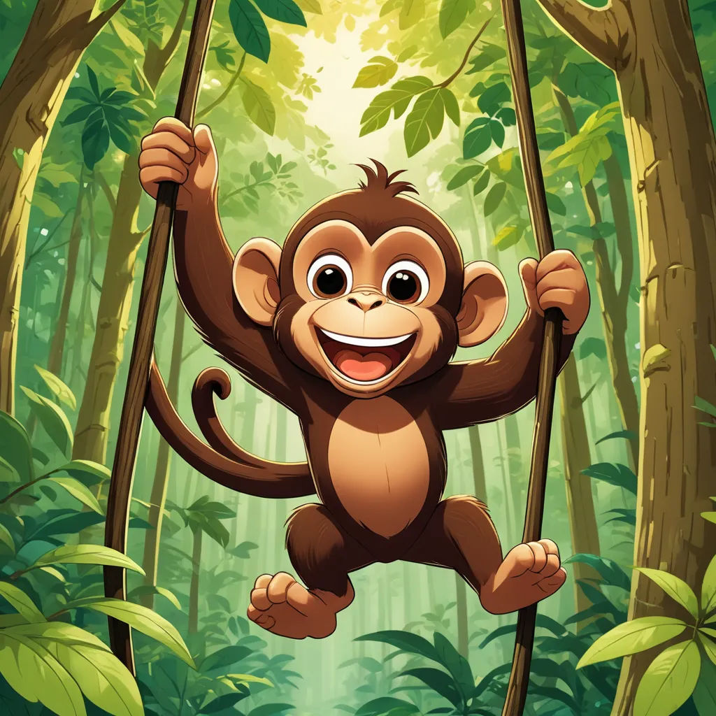 a monkey hanging on a tree in a jungle with a smile on its face and arms, with a green background, primitivism, a storybook illustration, Alex Petruk APe, jungle
