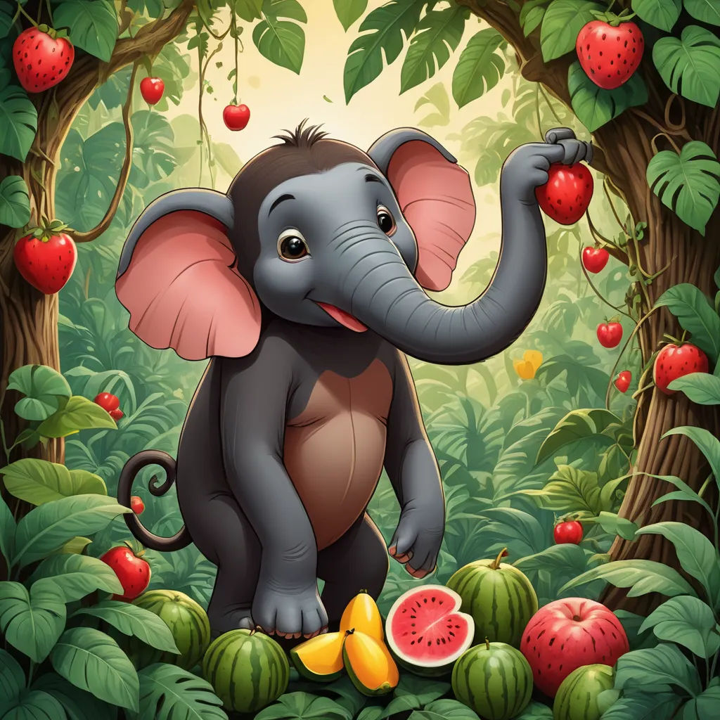 a small elephant standing in a forest with fruit on it's trunk and holding a piece of fruit in its hand, fantasy art, a storybook illustration, Chris LaBrooy, highly detailed digital painting
