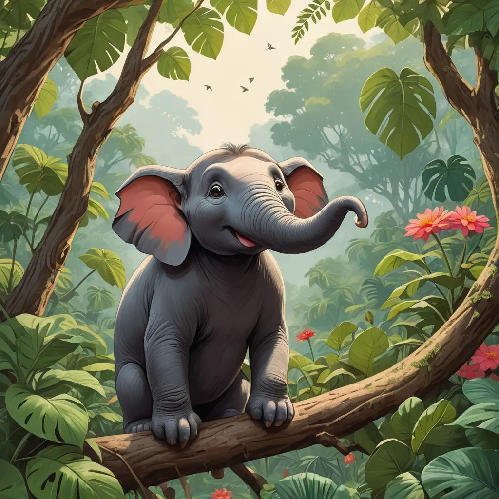 a cartoon elephant sitting on a branch in a jungle with flowers and trees around it, with a bird flying overhead, sots art, a storybook illustration, Chris LaBrooy, official art