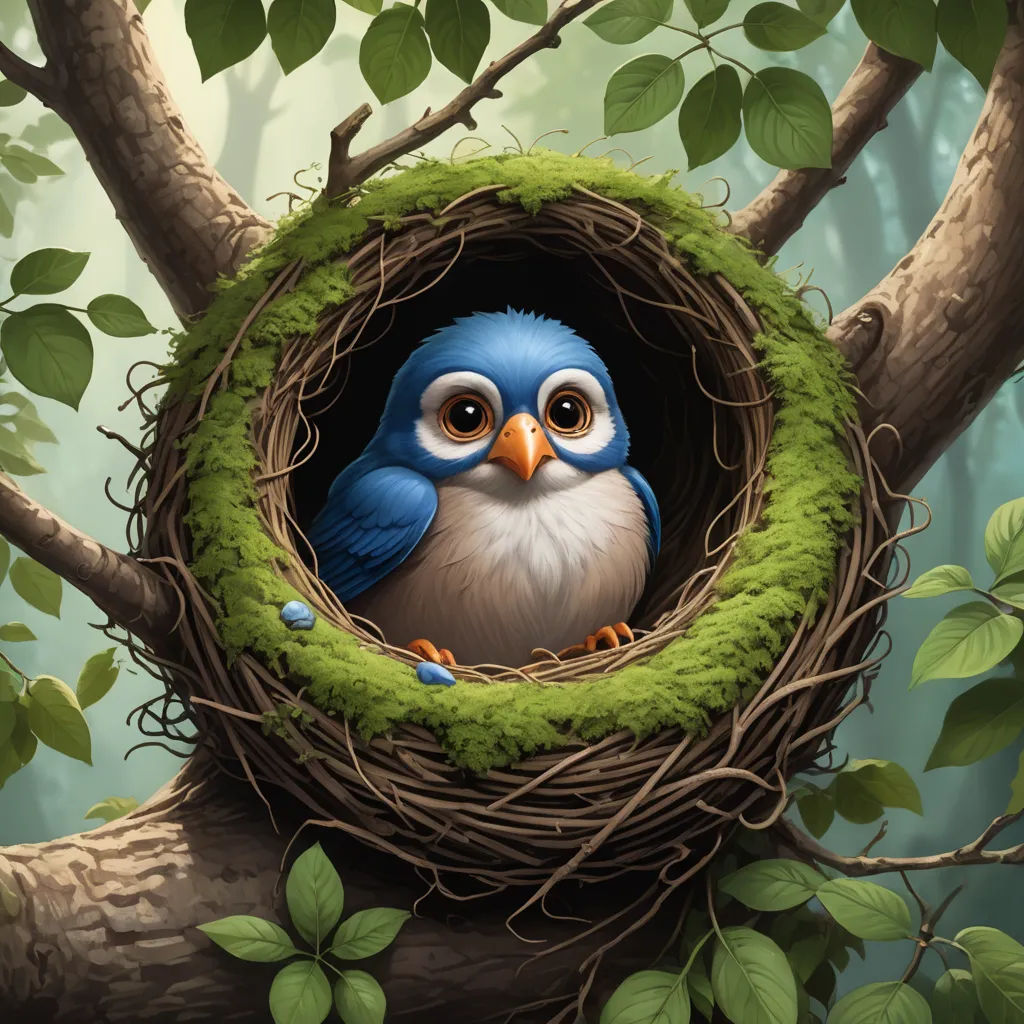 a bird is sitting in a nest on a tree branch with leaves around it and a blue bird is looking out of the nest, fantasy art, a digital painting, Chris LaBrooy, highly detailed digital painting
