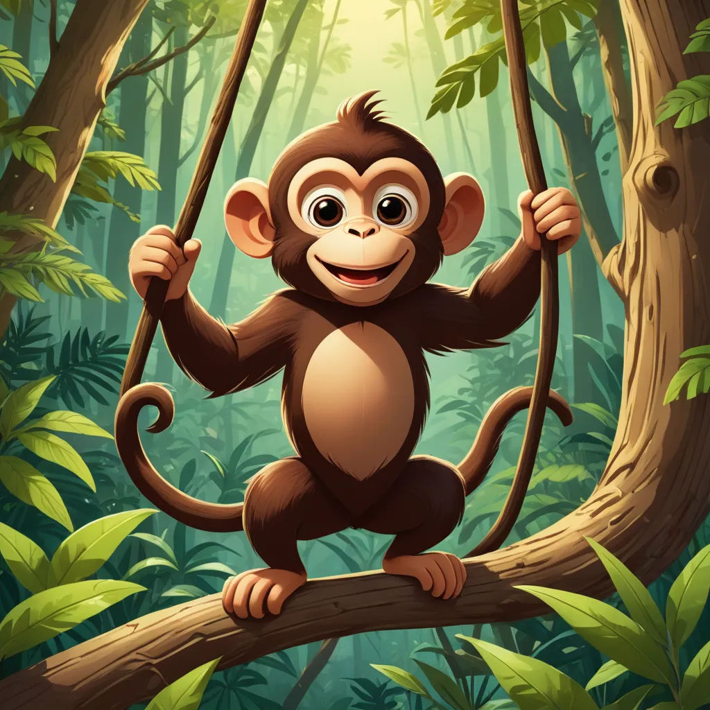 a monkey hanging on a tree branch in a jungle with sunlight shining through the trees and leaves surrounding it, sumatraism, a digital painting, Alex Petruk APe, jungle