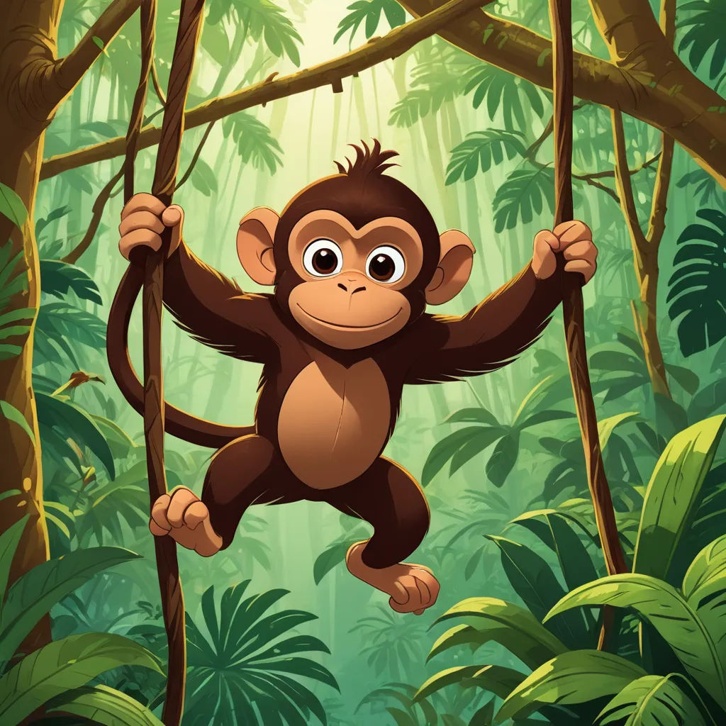 a monkey hanging on a tree in a jungle with a sunbeam in the background and a jungle floor, primitivism, a storybook illustration, Alex Petruk APe, jungle
