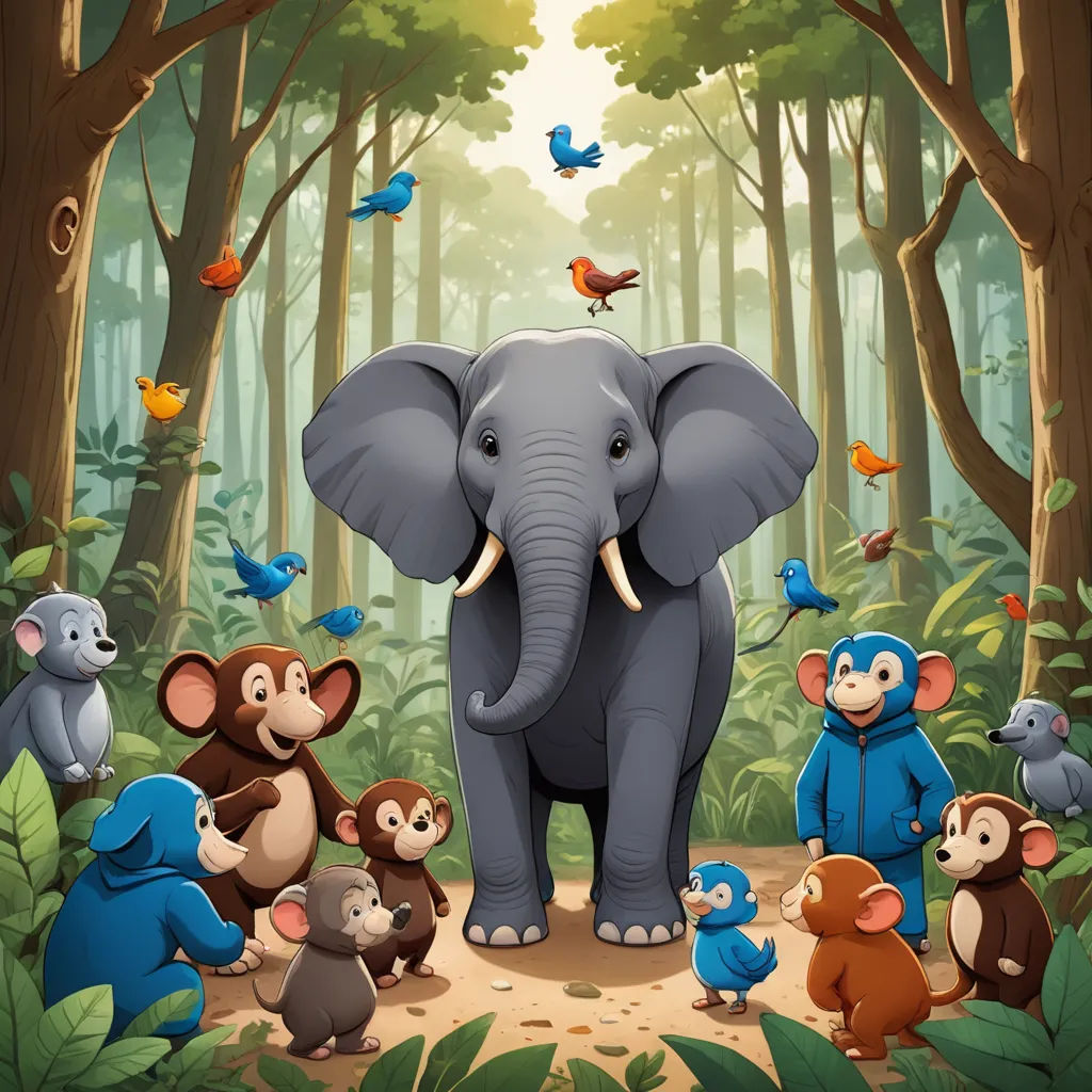 a group of animals standing in the middle of a forest with a elephant and other animals around it,, sumatraism, a storybook illustration, Chris LaBrooy, storybook illustration