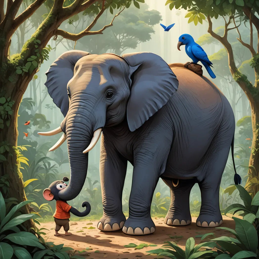 a painting of an elephant and a small boy in the jungle with a bird on its back and a parrot on its back, sumatraism, a storybook illustration, Chris LaBrooy, highly detailed digital painting