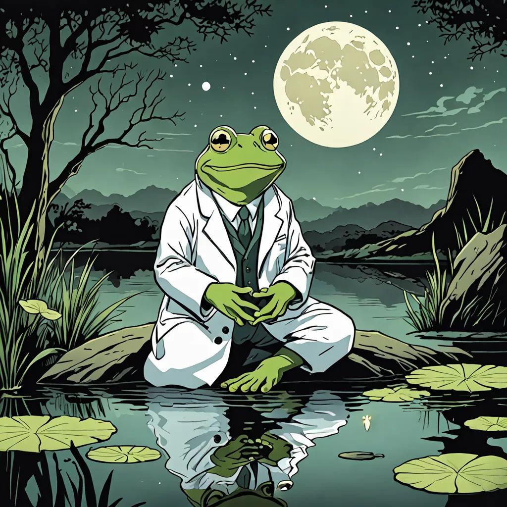 a frog in a suit and tie sitting on a rock in a pond with lily pads and a full moon in the background, symbolism, an album cover, Andries Stock, official art