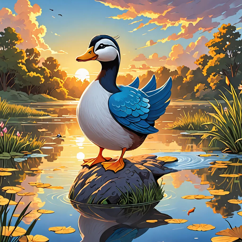 a duck standing on a rock in a pond with lily pads and a sunset in the background with clouds, magic realism, a storybook illustration, Dan Mumford, josan gonzales and dan mumford