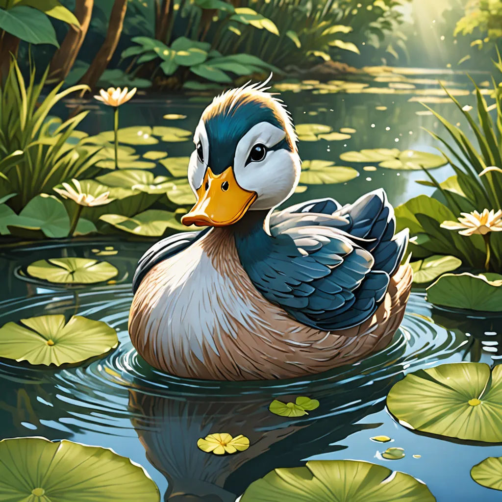 a duck floating on top of a lake surrounded by lily pads and water lillies with a sun shining behind it, photorealism, a digital painting, Chris LaBrooy, highly detailed digital painting