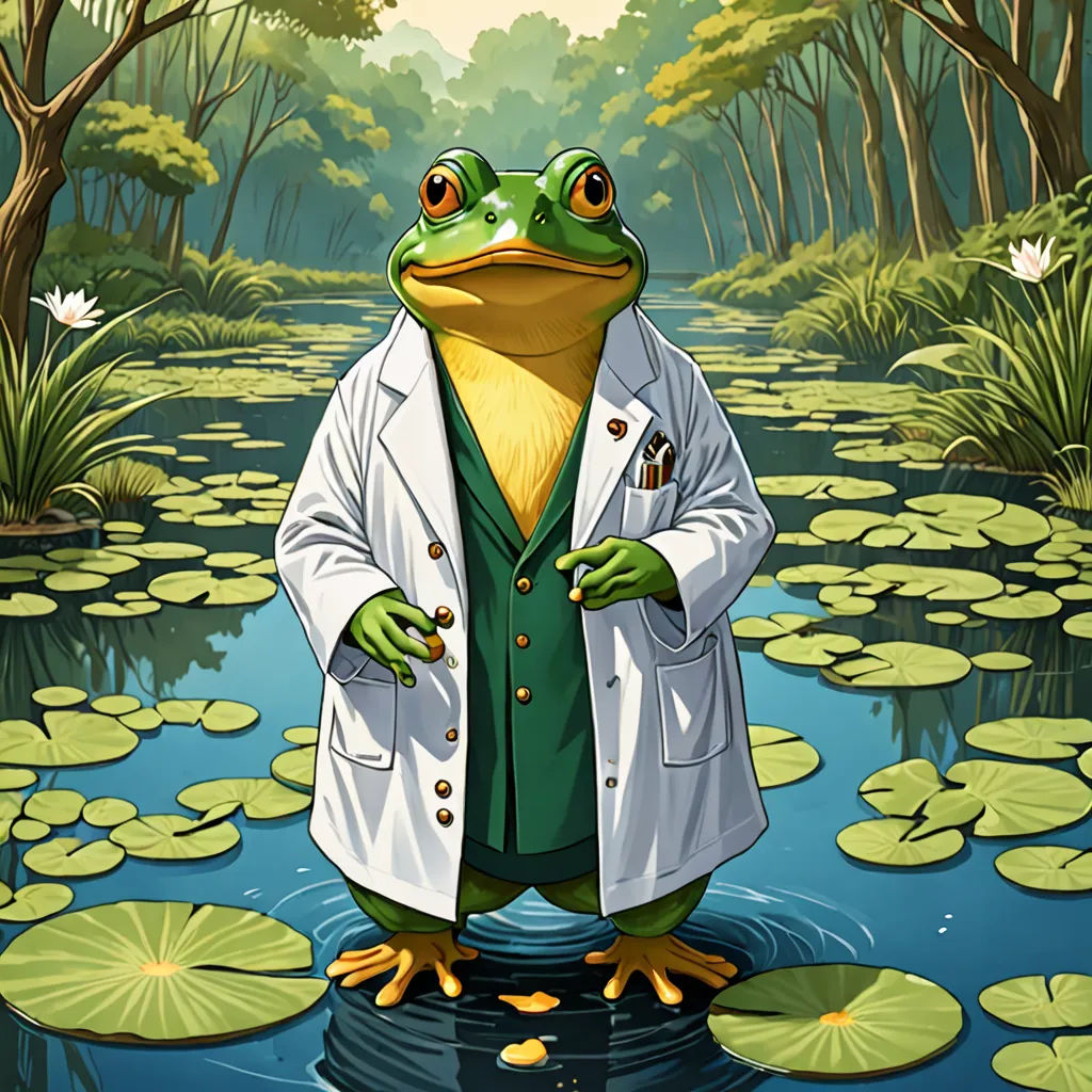 a frog in a lab coat standing in a pond of water lilies with lily pads on the ground, neoplasticism, an illustration of, Chris LaBrooy, official art