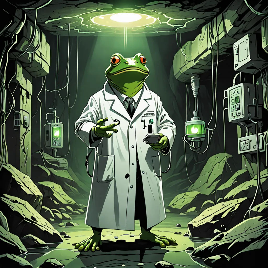 a frog in a lab coat holding a cell phone in a dark room with lights on the ceiling and a flashlight in his hand, neoplasticism, cyberpunk art, Andries Stock, official art